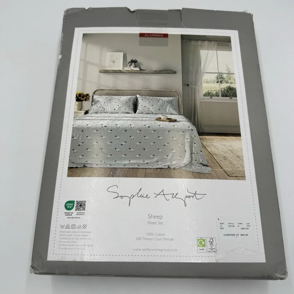 Sophie Allport Sheep Full Sheet Set 100% Cotton 200TC Percale 4 Pc